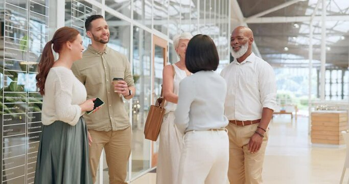 Handshake, meeting and business people in office building lobby at corporate, convention, global company for networking. Diversity employees shaking hands for hello, welcome and b2b team introduction