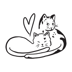Cat couple doodle illustration. Funny cats vector illustration. Valentines day doodle