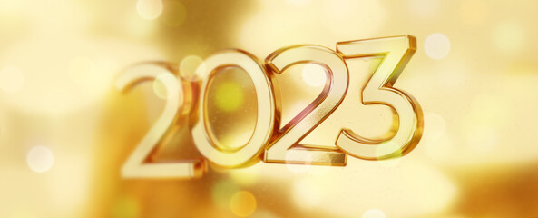 golden blurred 2023 bukeh background, new year symbol, 3d-illustration