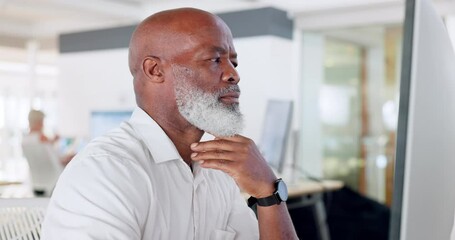 Business man and computer for financial report research in an accounting firm with a black man. African american male trader, thinking and pc news for finance analytics and data on the internet