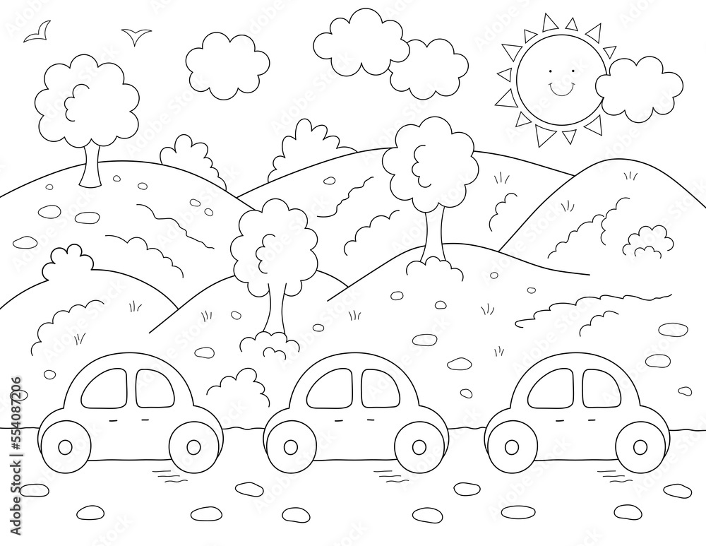 Wall mural cars, trees and mountains coloring page for kids