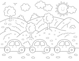 Fototapeta premium cars, trees and mountains coloring page for kids