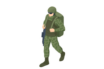 Isometric Military backpack war, hiking, army, camouflage equipment. Army Soldier in Protective Combat Uniform holding Assault Rifle with Military backpack war on white background. Army, military