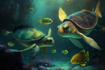 Obraz premium Fish and turtles. Generative AI