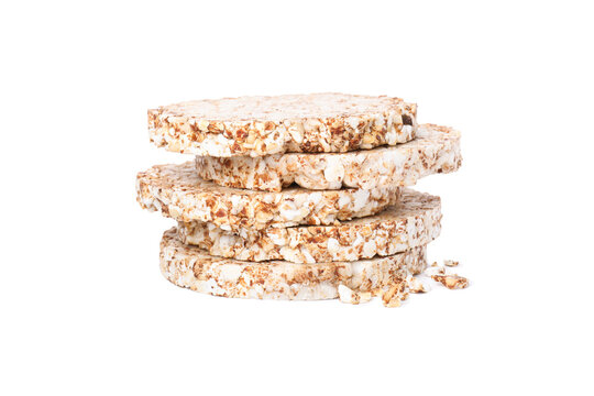 Stack of crunchy rice cakes isolated on white