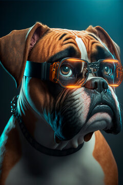 Cute Boxer dog in futuristic 3d glasses.Cyberpunk painting.Digital designer art.Abstract surreal illustration.3D render