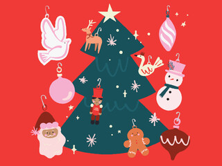 Funny Santa Claus Merry Christmas Tree Bear illustration Line art Happy New Year Celebration Snowman Cute Cat Holidays Background Santa Gift Postcard Website illustration