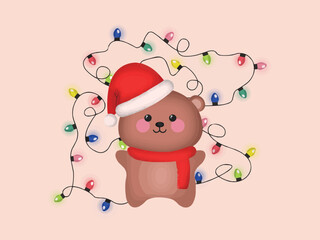 Funny Santa Claus Merry Christmas Tree Bear illustration Line art Happy New Year Celebration Snowman Cute Cat Holidays Background Santa Gift Postcard Website illustration