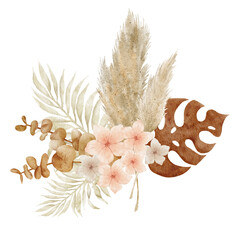 Watercolor boho tropical bouquet. Decorative dried flowers and plants composition. Pampas grass, monstera, palm leaf, pink rose. Isolated on background.