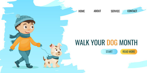 A boy walks with his dog in the winter. Cute flat illustration. Dog walking month. website, banner template