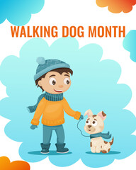 A boy walks with his dog in the winter. Cute flat illustration. Dog walking month. website, banner template