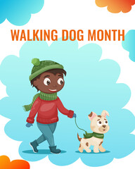 A black boy walks with his dog in the winter. Cute flat illustration. Dog walking month. website, banner template