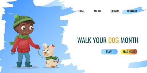Fototapeta premium A black boy walks with his dog in the winter. Cute flat illustration. Dog walking month. website, banner template