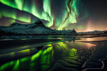 Beautiful northern lights landscape. Aurora borealis above mountains reflected in the sea. AI