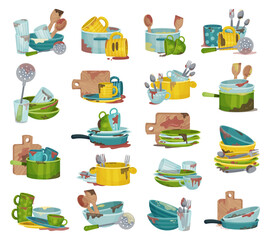 Dirty Dishes for Washing and Cleaning After Meal Big Vector Set