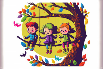 Day for Children. On a tree limb, kids were hanging. cartoon figures in bright colors. humorous illustration Banner prepared for your design. Generative AI