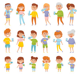 People Drinking Water from Plastic Bottles and Glasses Big Vector Set