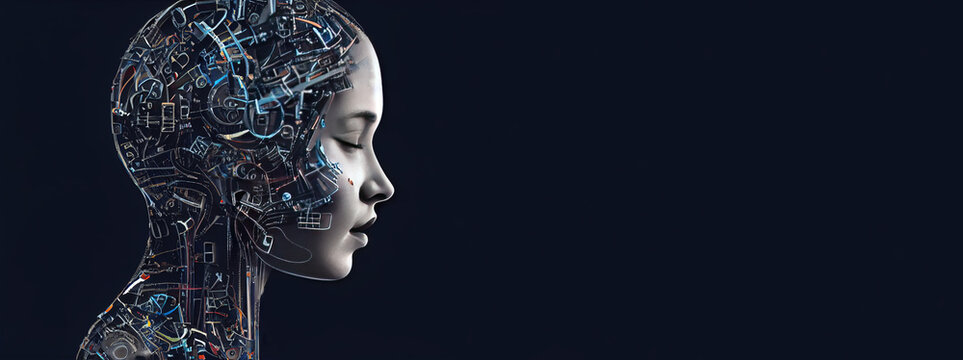 Female cyborg head concept, profile view, ai, artificial intelligence, robot, robotics,  generative AI illustration