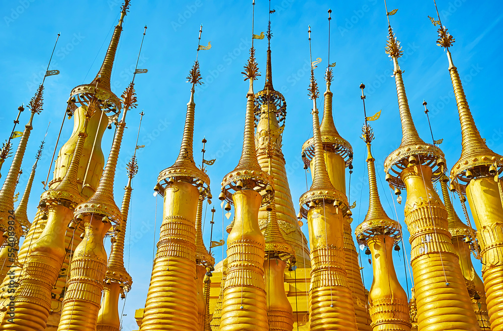 Sticker The golden stupas of Inn Thein Shrine, Indein, Myanmar