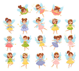 Cute Girls Fairy Flying with Wings and Magic Wand Big Vector Set