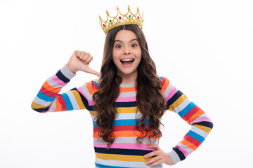 Teen child in queen crown isolated on white background. Princess girl in tiara. Teenage girl wear diadem. Excited face, cheerful emotions of teenager girl.