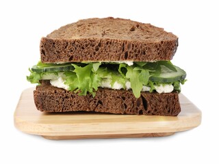 Tasty sandwich with cream cheese, cucumber and greens on white background