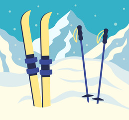 Resort With Pair Of Skis In The Mountains. Sport Concept Vector Illustration In Flat Style