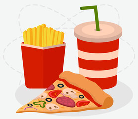 Slice Of Pizza, Cup Of Coke And Fries Potato. Junk Food Vector Illustration In Flat Style