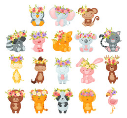Obraz premium Cute Animals Wearing Blooming Flower Wreath on Their Head Big Vector Set