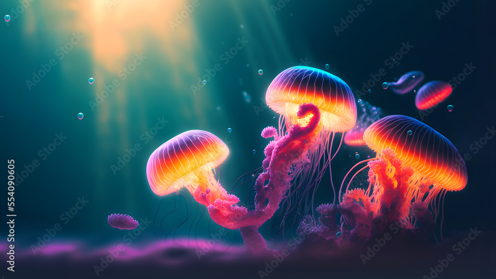 Wall mural glowing sea jellyfishes on dark background, neural network generated art. Digitally generated image. Not based on any actual scene or pattern. - Wall murals