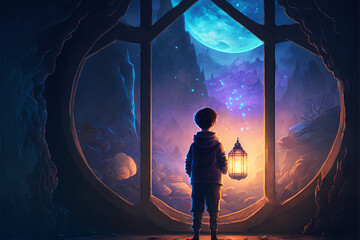 fantasy scene of the kid holding a lantern looking at the stars, illustration digital generative ai design art style