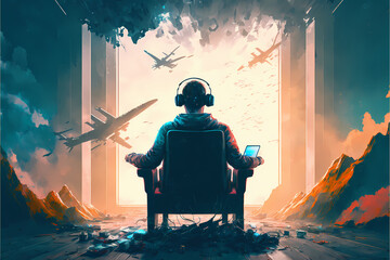 young man sitting on chair wearing a VR headset, concept art of digital addiction, simulation, concept art digital, generative ai illustration - obrazy, fototapety, plakaty