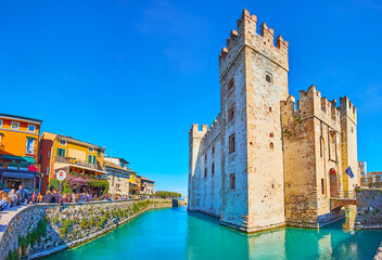 Panorama of Scaligero Castle and Via Dante housing, Sirmione, Italy