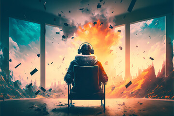 young man sitting on chair wearing a VR headset, concept art of digital addiction, simulation, concept art digital, illustration - obrazy, fototapety, plakaty