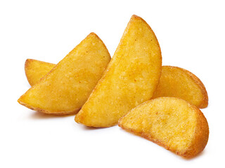 Baked or fried delicious potato wedges, isolated on white background