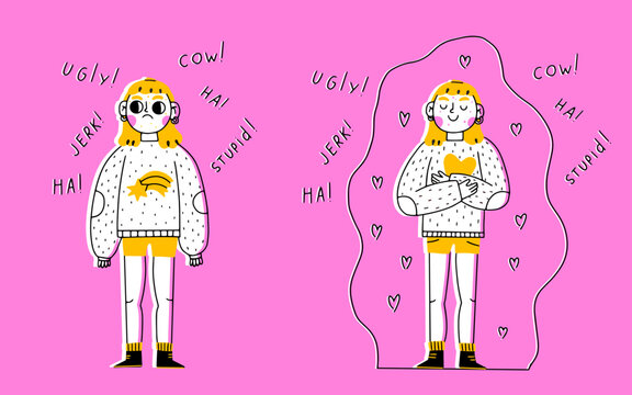 Defending personal boundaries and freedom concept. Unhappy child suffer from bullying and harassment. Young woman standing and feeling in capsule defending her own private personal boundaries.