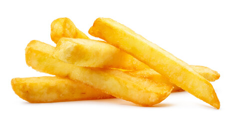 Delicious potato fries, isolated on white background