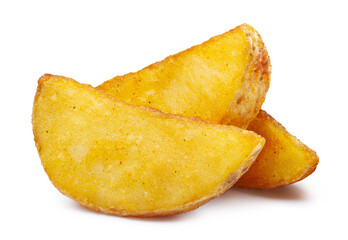 Baked or fried delicious potato wedges, isolated on white background