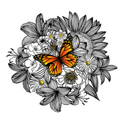 Monochrome abstraction graphic flowers and orange butterfly. Vector illustration
