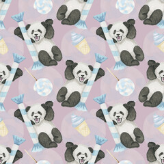 Fototapeta premium panda and candy watercolor seamless pattern 
