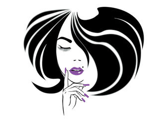 Beautiful sexy girl face, curly black hair style, fashion hairdresser, element design, spa salon. Beauty Logo. Vector illustration.