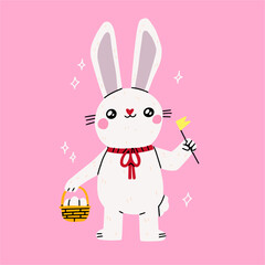 Funny cute rabbit with eggs and flower. Funny animal character. Flat cartoon colorful vector illustration. Creative holiday composition. Cute cartoon character. Happy easter greeting card template.  