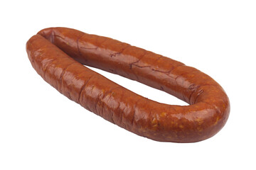 smoked sausage tied with a ring isolated from the background