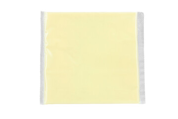 a piece of cheese, a plate of cheese sealed in a transparent film, isolated from the background