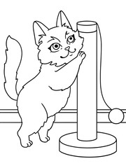 The cat sharpens its claws on the scratching post. Vector coloring.