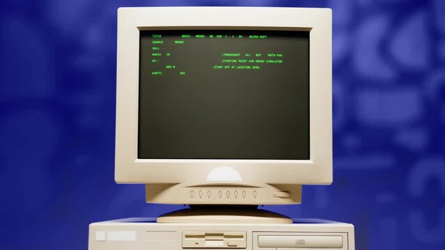 Retro pc with loading code console, programmer making scripts, green basic screen, Old computer studio blue night background close-up, Desktop vintage retro wave display, late 90s PC.