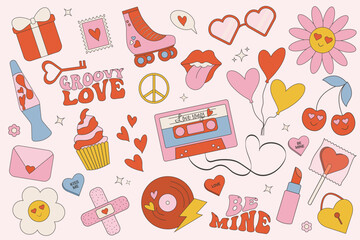 Trendy groovy valentines day sticker set. Retro valentines day. 70s 60s aesthetics. Vintage vector.