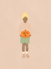 Fototapeta premium cute little African American girl holding a Halloween pumpkin