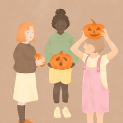 a group of three happy multiracial little girls celebrating Halloween together holding pumpkins in their hands - obrazy, fototapety, plakaty