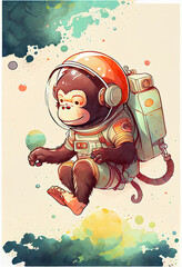 Naklejka premium Adorable Chimpanzee Astronaut in Colorful Illustration. Generative ai